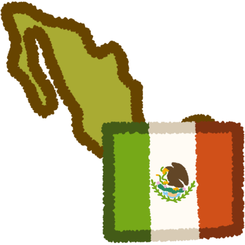 a green shape of the country of mexico, with the mexican flag